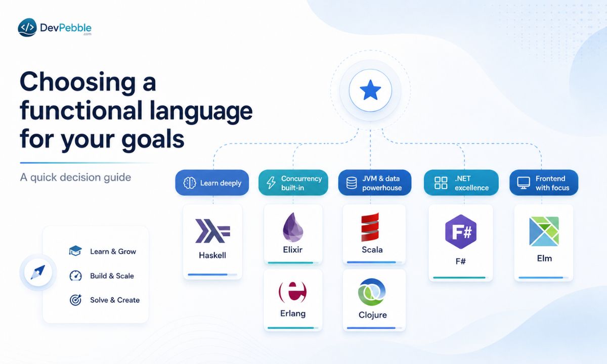 Choosing a functional language for your goals — Haskell to learn the paradigm, Elixir or Erlang for concurrency, Scala for the JVM and data, F# for .NET, Clojure for Lisp, and Elm for the front end.