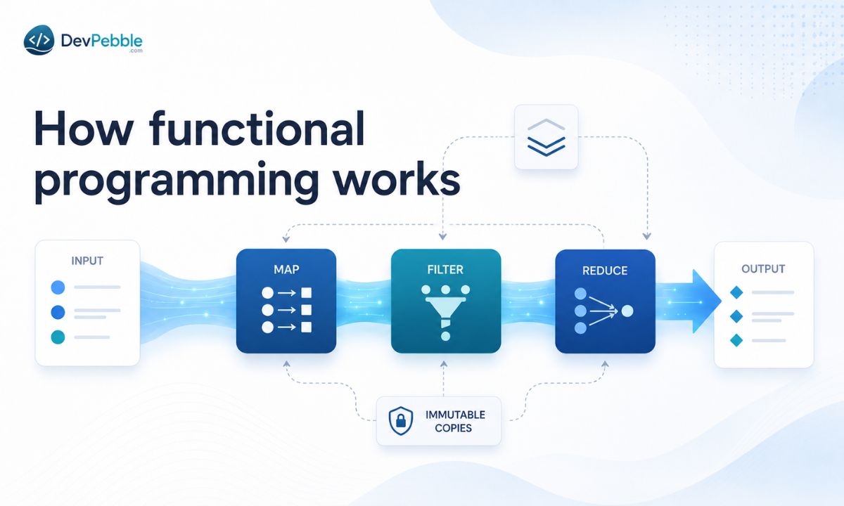 How functional programming works — like a recipe that takes inputs and returns the same predictable output every time, with pure functions and immutable data instead of in-place changes.