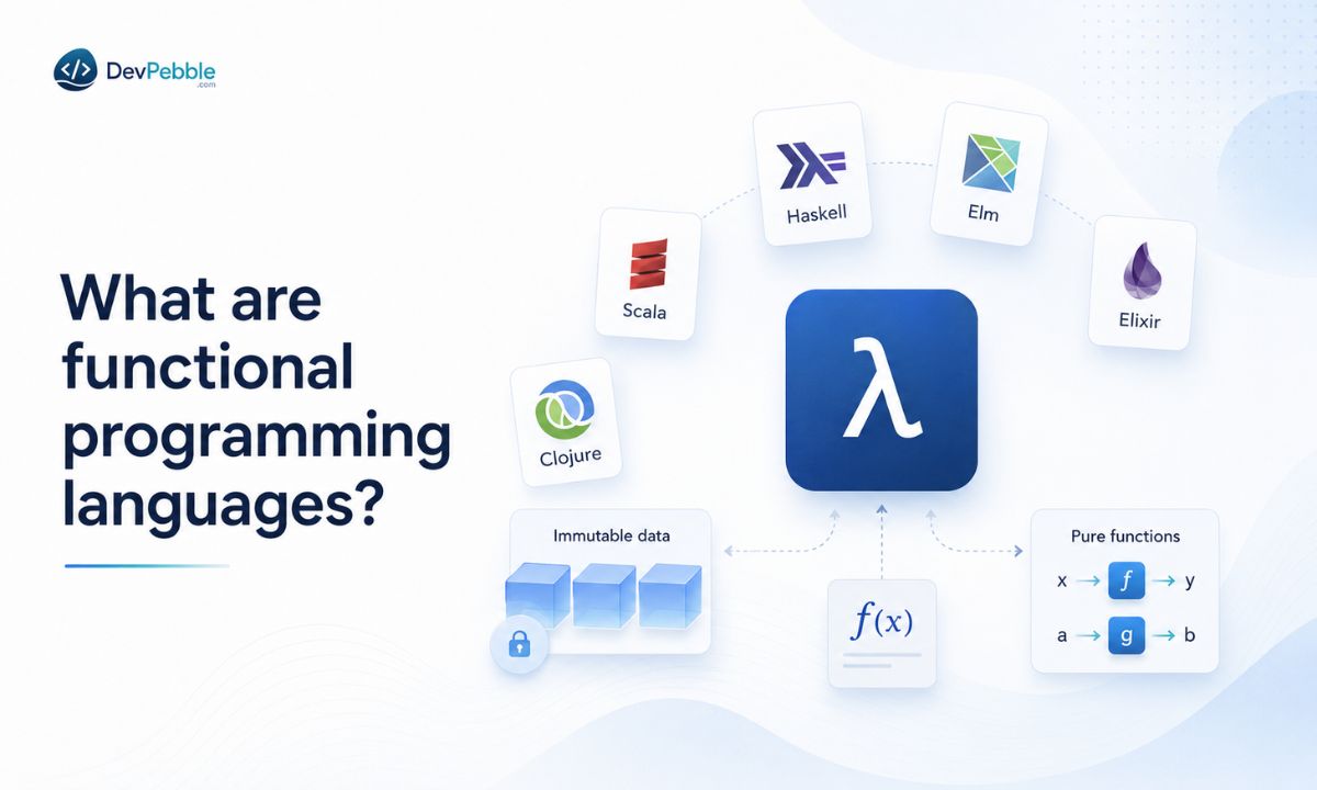 What are functional programming languages — a programming paradigm built around pure functions and immutable data, with Haskell, Elixir, Scala, F#, Clojure, and Elm as leading examples.