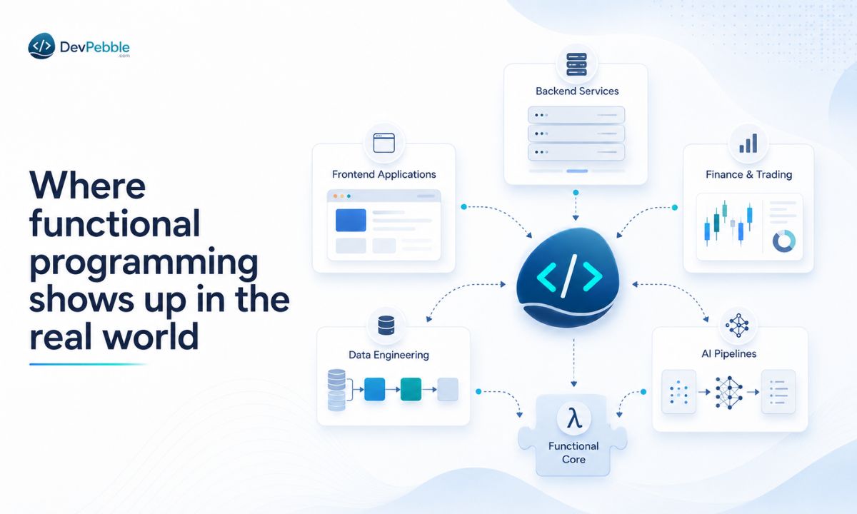Where functional programming shows up in the real world — Elm and ClojureScript on the front end, Elixir and Scala on the backend, OCaml and Haskell in finance, and Spark in data work.