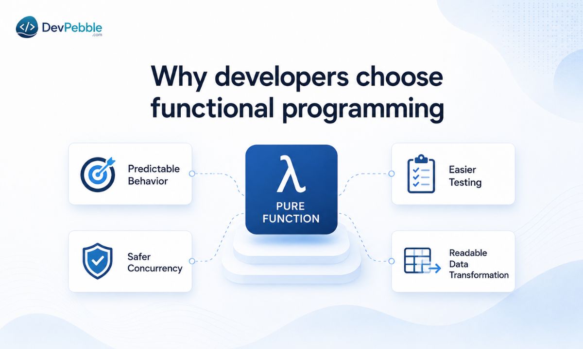 Why developers choose functional programming — predictable pure functions, immutable data that reduces bugs, simpler testing, safer concurrency, and readable data-transformation code.