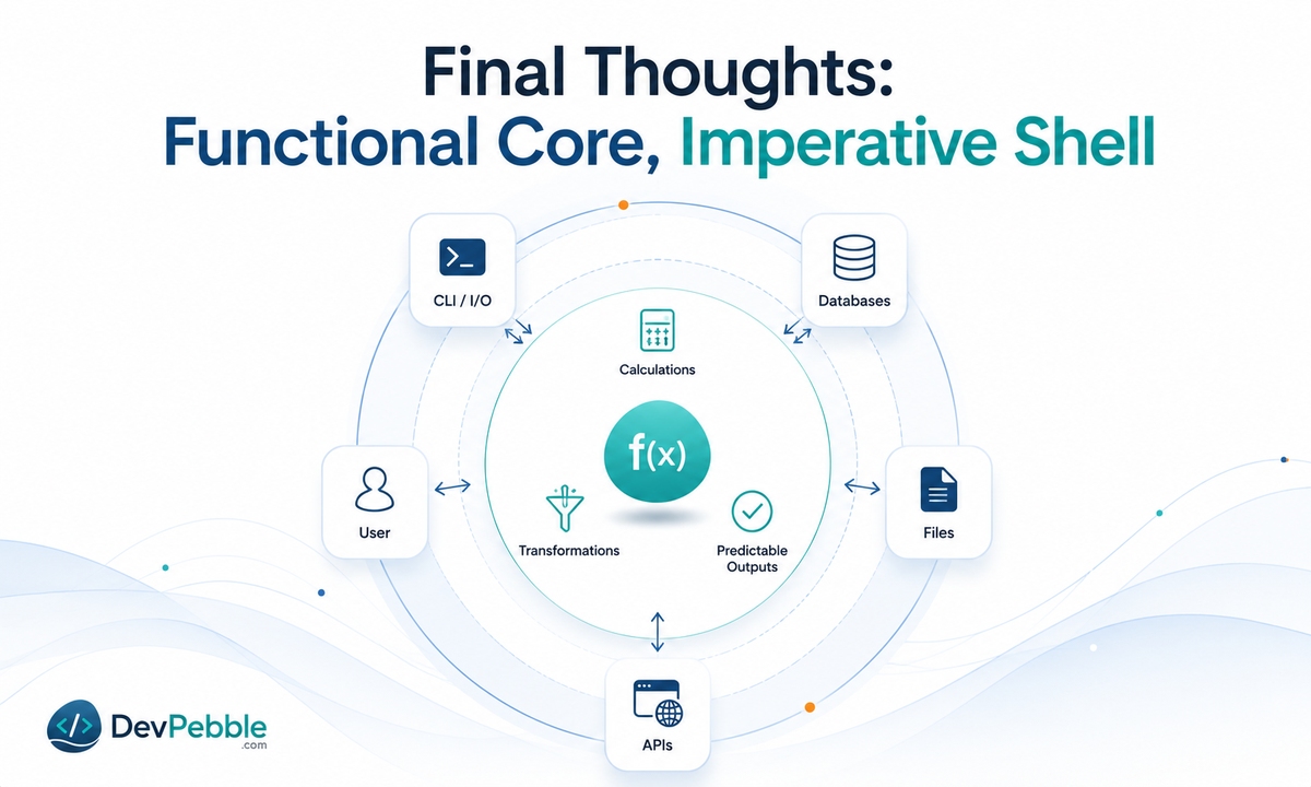 Functional programming in Python final thoughts — a functional core of pure transformations wrapped in an imperative shell that handles input, output, and effects.