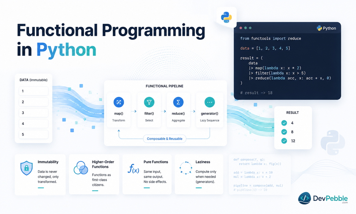 Functional programming in Python — concepts, tools, and practical examples, building programs from small pure functions that transform data through iterators, comprehensions, and the standard library.