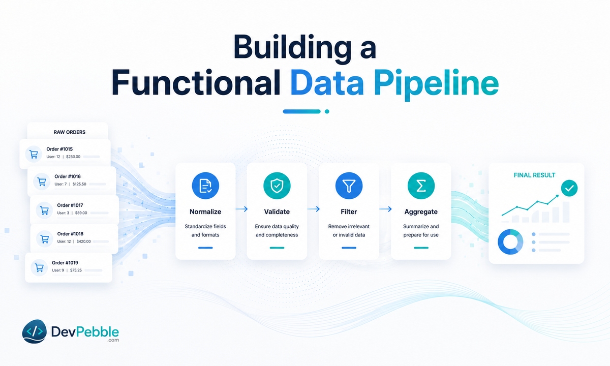 How to build a functional data pipeline in Python — normalize, filter, transform, and aggregate order records without mutating the original data.