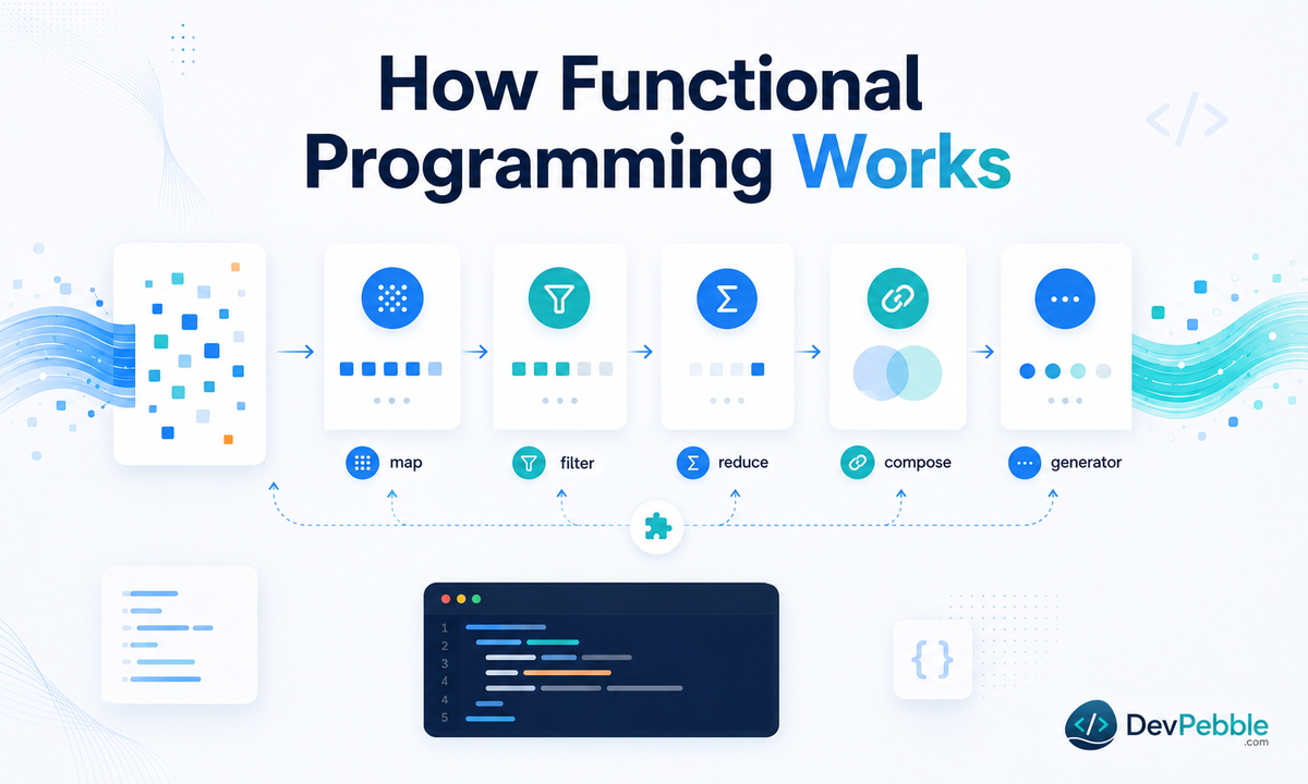 How functional programming works in Python — moving data through transform, filter, and aggregate stages while keeping side effects at the edges.