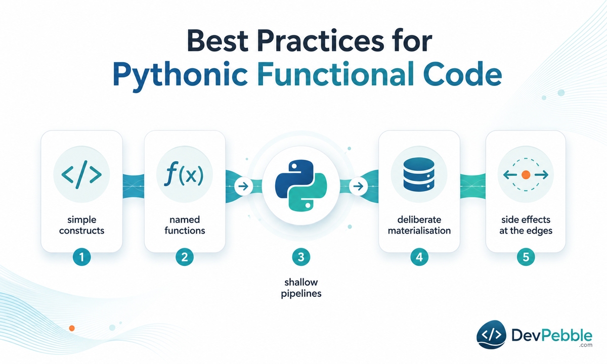 Best practices for Pythonic functional code — small functions, explicit data flow, minimal mutation, and I/O kept at the edges of the program.