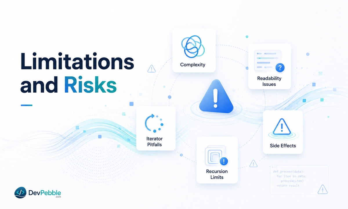 Limitations and risks of functional Python — compressed expressions that hide behavior, exhausted iterators, and abstractions harder to follow than a plain loop.