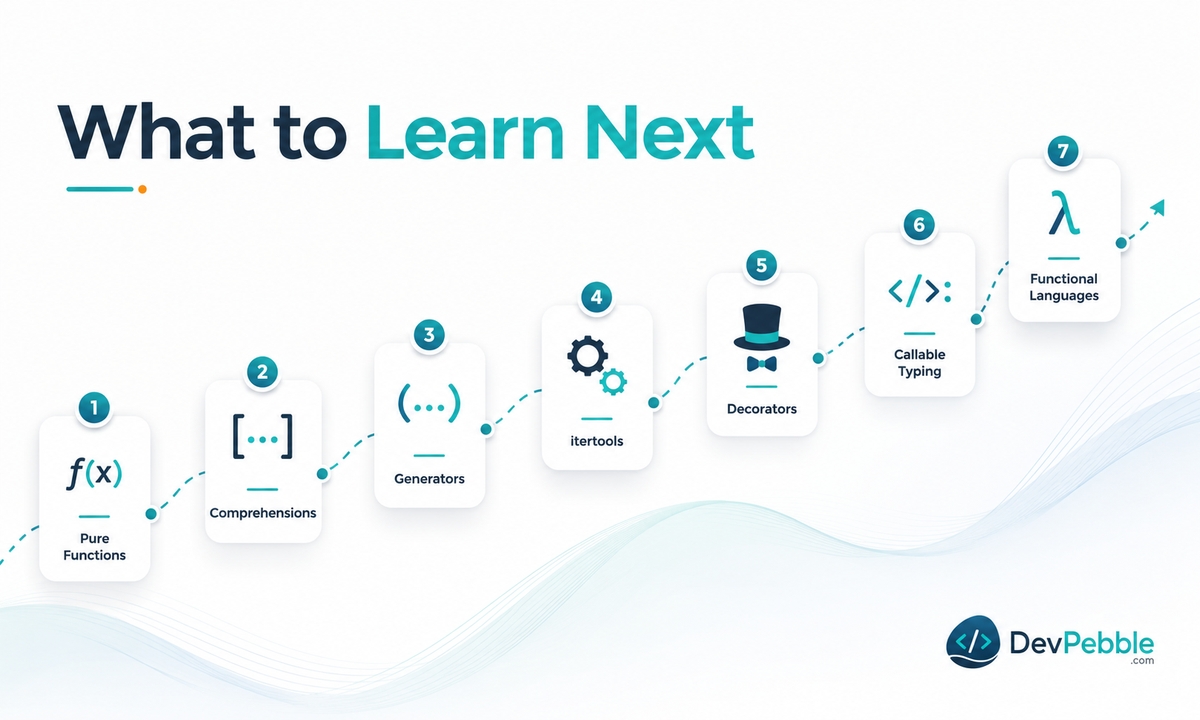 What to learn next after functional Python — pure functions and comprehensions, then generators and itertools, then decorators and callable typing.