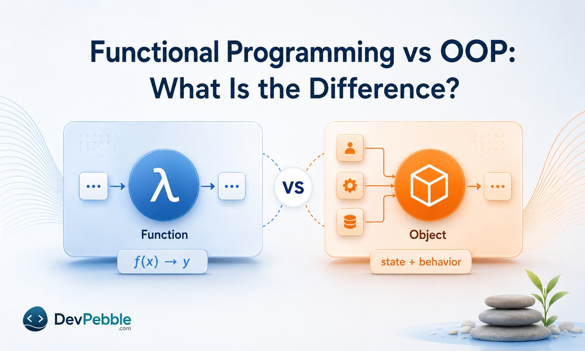 Functional programming vs OOP comparison — a table of tendencies across primary unit, state, behavior, side effects, reuse, extension, testing, concurrency, and performance.