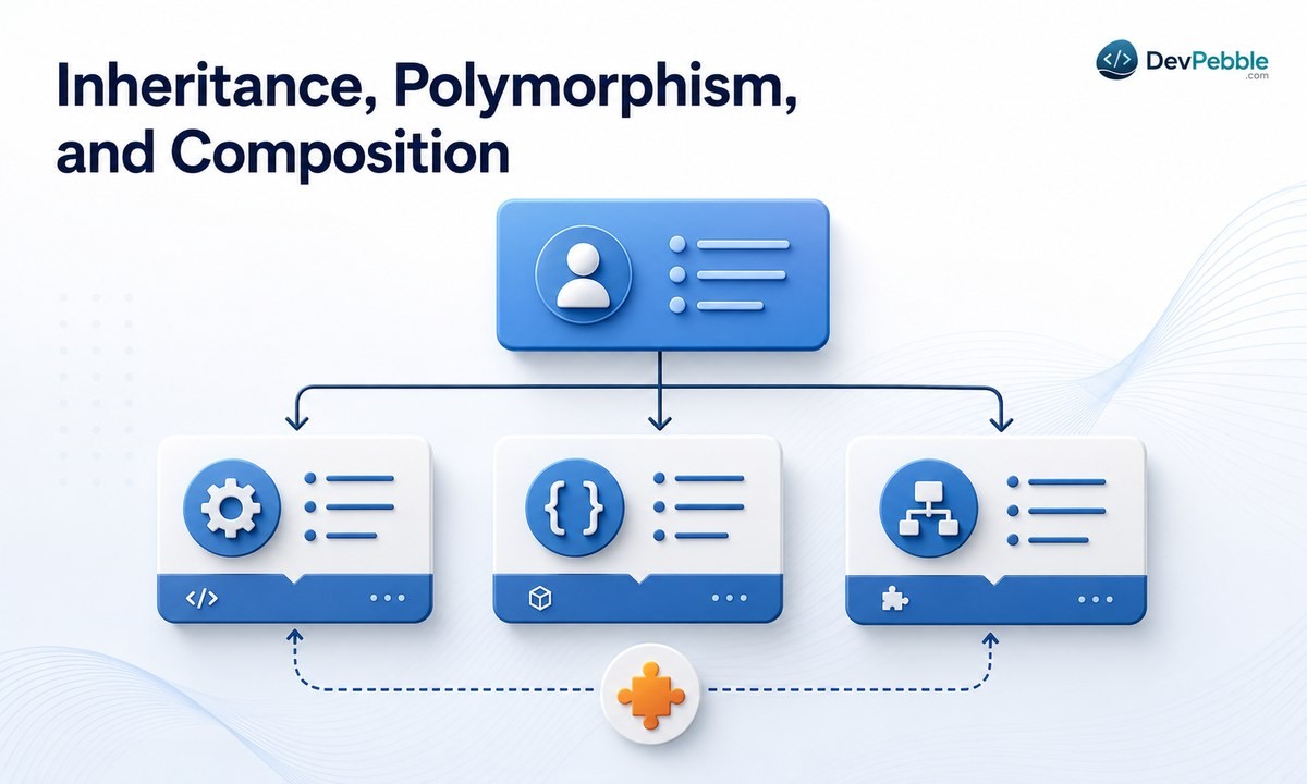 Inheritance, polymorphism, and composition — deriving behavior from a type, satisfying a shared contract with multiple implementations, and assembling behavior from collaborating components.