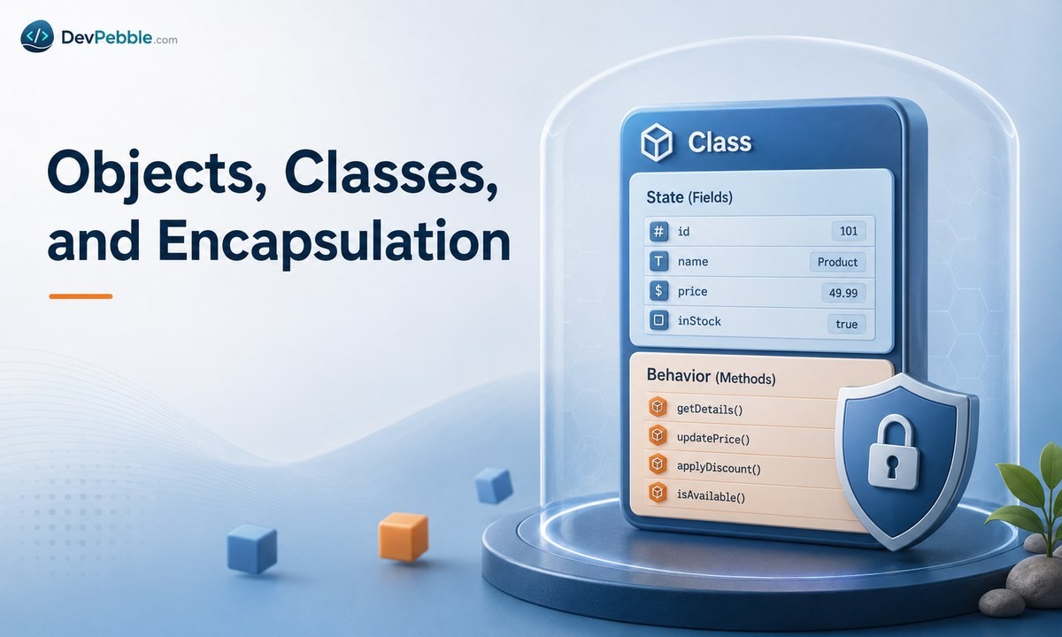 Objects, classes, and encapsulation — an object stores state in fields and exposes behavior through methods, while encapsulation limits direct access to implementation details.