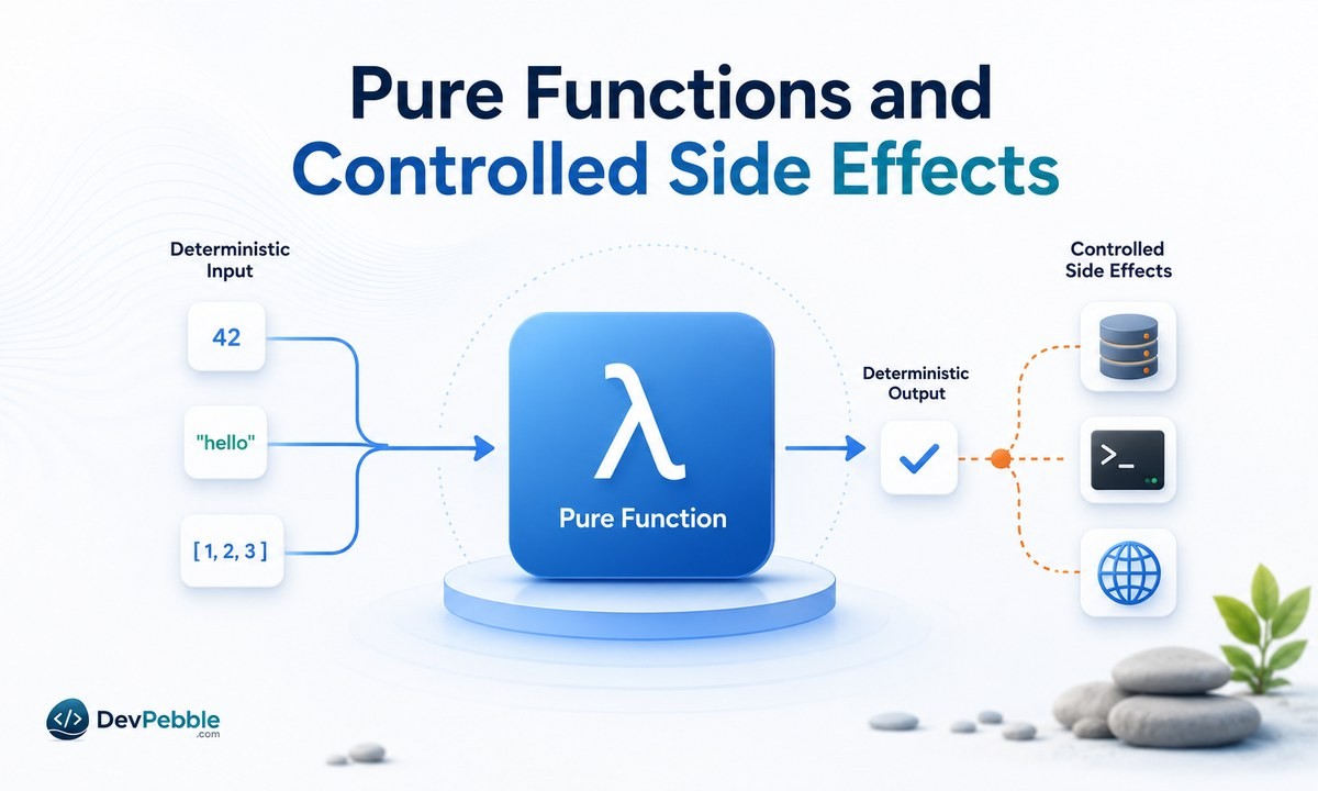 Pure functions and controlled side effects — a functional core of deterministic logic wrapped by an effectful shell that isolates storage, network, and I/O at the edges.