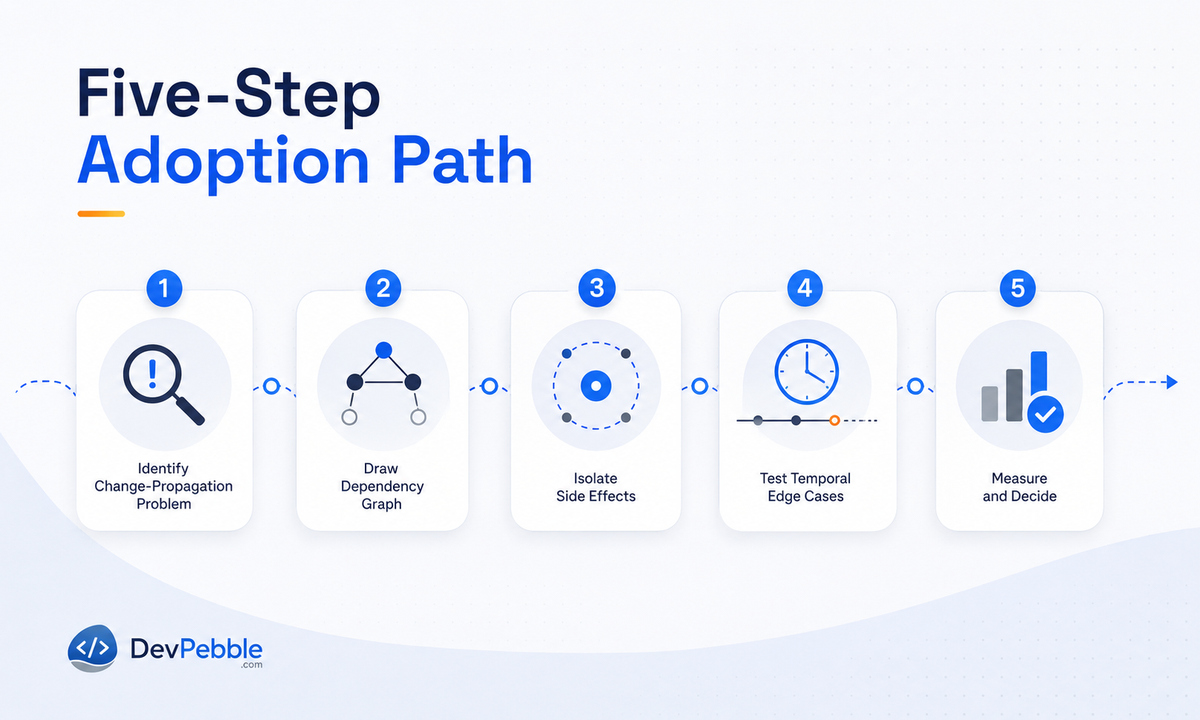 A five-step adoption path for FRP — pilot one reversible change-propagation problem, draw the dependency graph, isolate side effects, test temporal edge cases, then measure and decide.