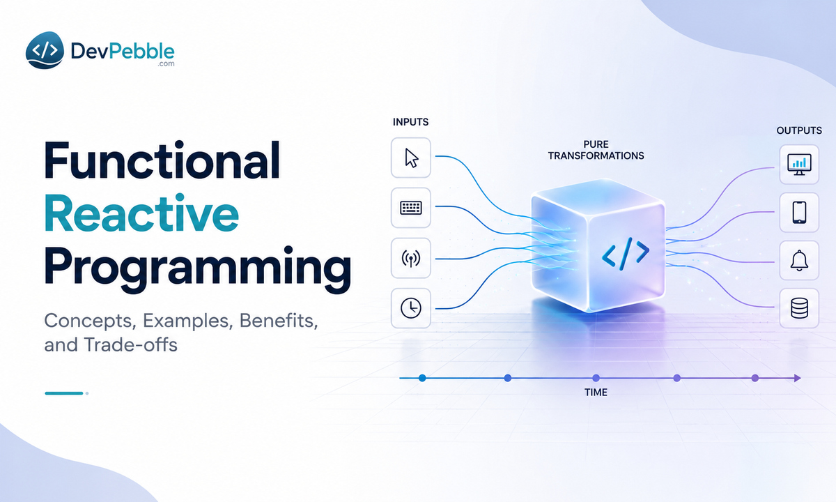 Functional reactive programming — concepts, examples, benefits, and trade-offs, modeling software as signals and events that change over time so dependent values update automatically.