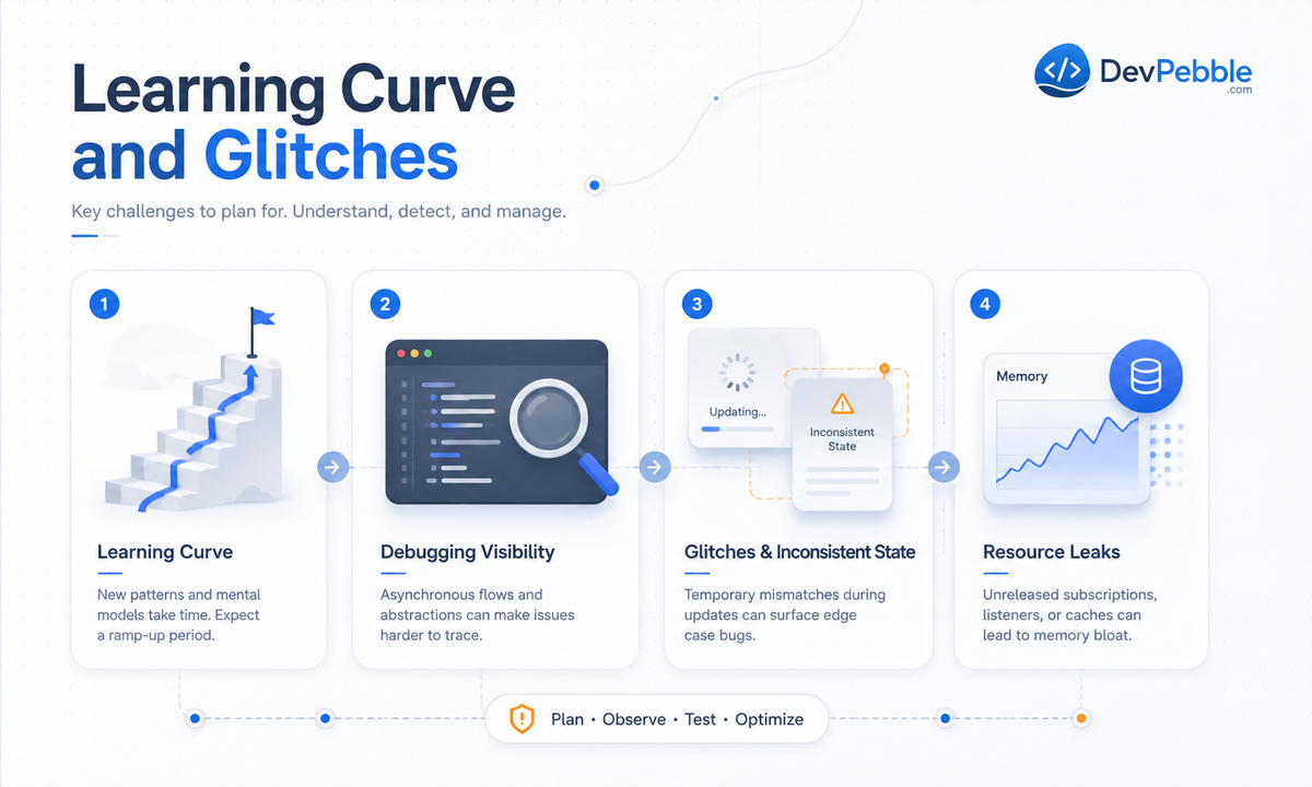 Learning curve, debugging, glitches, and resource leaks in FRP — the main risks that come from assuming one library behaves like another, with their symptoms and mitigations.