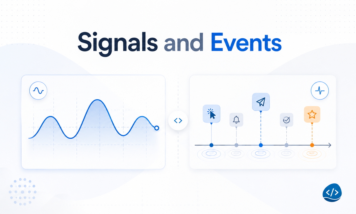 Signals and events in FRP — a signal is a value whose meaning includes how it varies over time, while an event occurs at particular moments and may carry data.