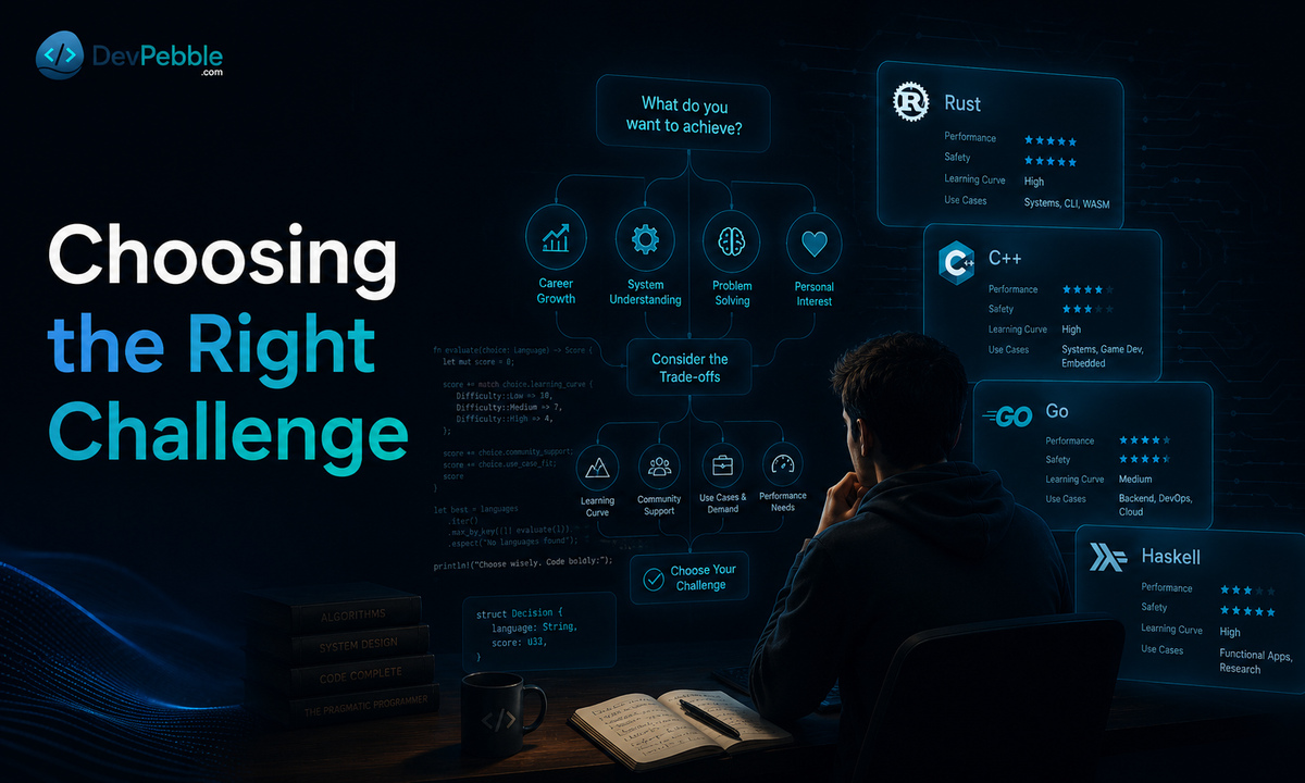 Choosing the right challenge — matching a difficult programming language to a concrete goal like systems programming, hardware control, functional design, or logic-based reasoning rather than reputation.