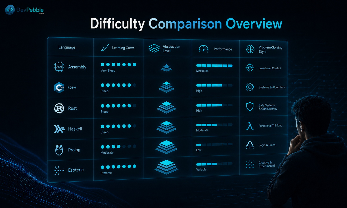 Difficulty comparison overview — a criteria-by-criteria matrix rating Malbolge, Assembly, C++, Rust, Haskell, and Prolog across syntax, semantic novelty, memory responsibility, mastery burden, and practical applicability.