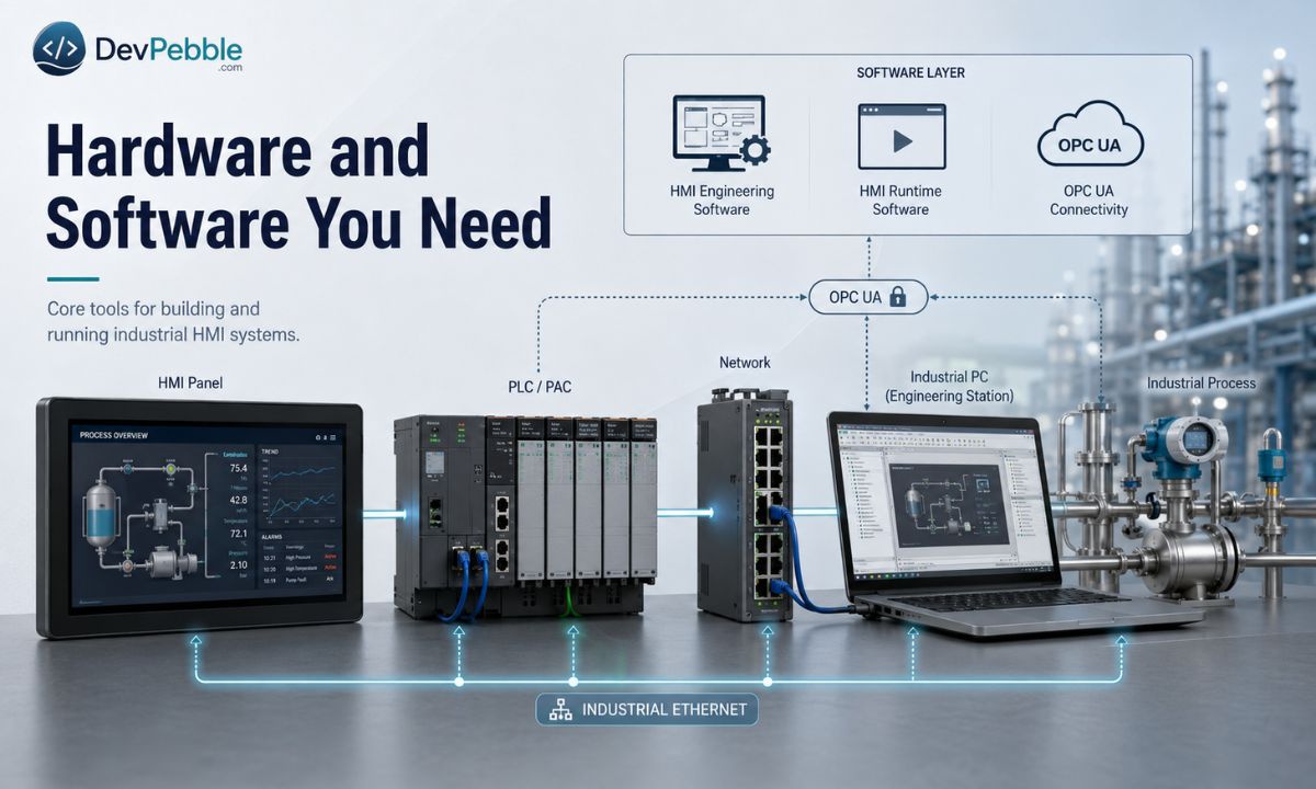 Hardware and software you need — HMI panels, industrial PCs, PLCs, an engineering workstation, and networking gear, tied together by engineering software, runtime software, and OPC UA.