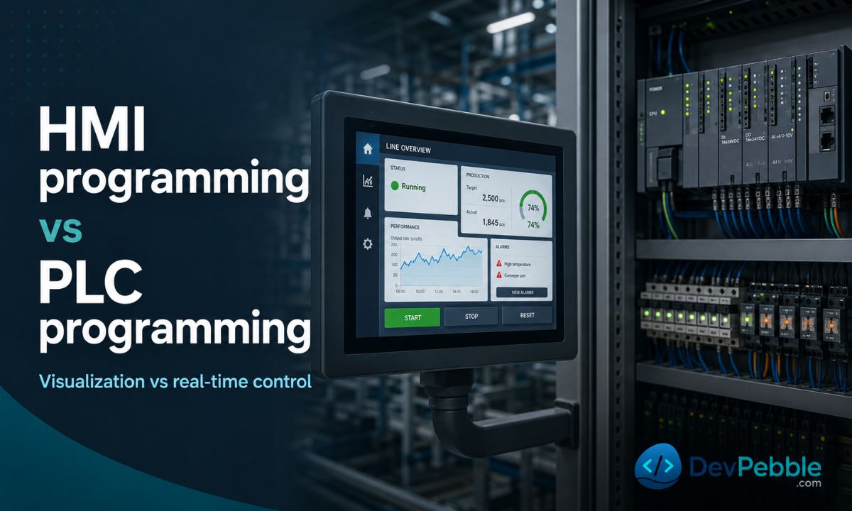 HMI programming vs PLC programming — the HMI visualizes the machine and collects operator input while the PLC runs real-time machine control and safety logic on a deterministic scan cycle.