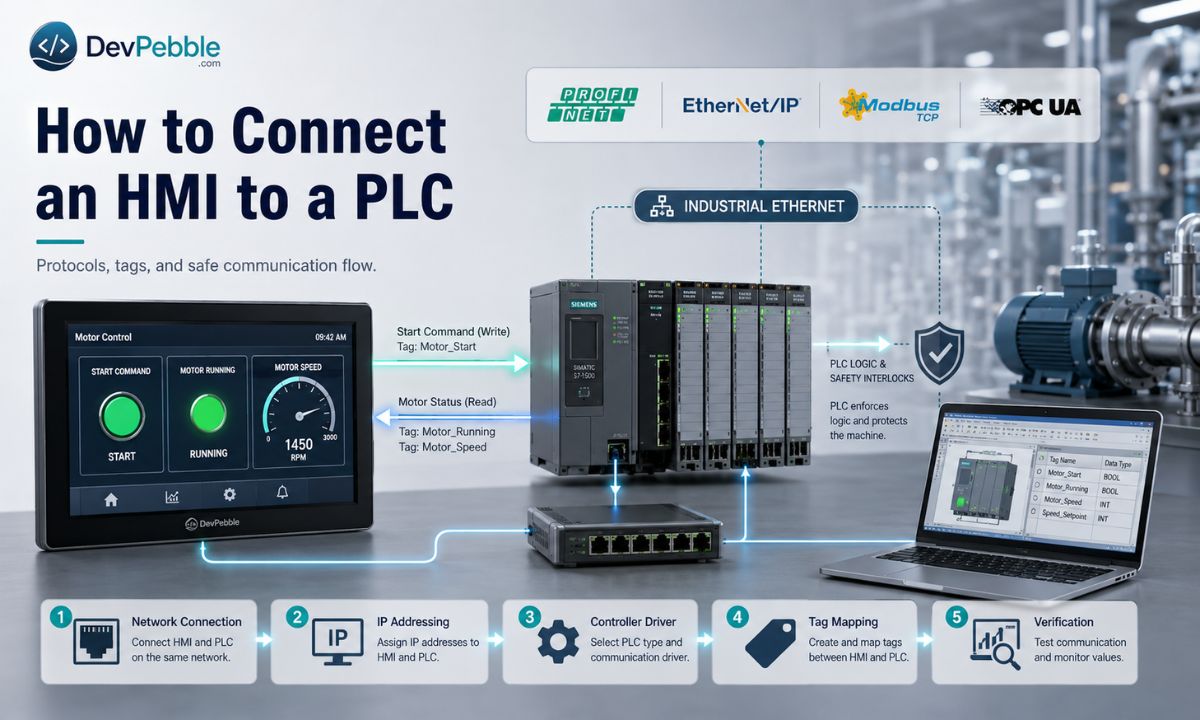 How to connect an HMI to a PLC — matching protocols like PROFINET, EtherNet/IP, and Modbus TCP, assigning static addresses, creating the controller connection, and mapping tags before verifying online.