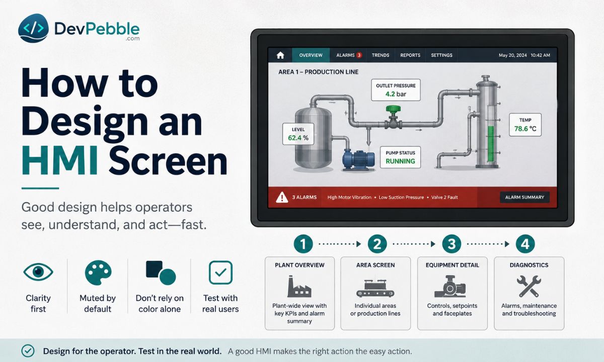 How to design an HMI screen — an ISA-101 screen hierarchy with a muted high-performance palette, reusable faceplates, labeled engineering units, and a persistent navigation bar and alarm banner.