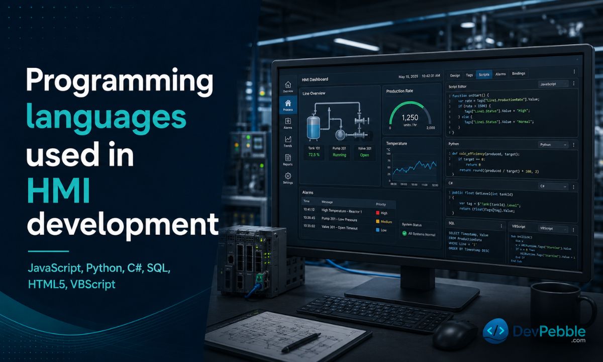 Programming languages used in HMI development — graphical configuration backed by JavaScript, Python, C#, VBScript, SQL, and HTML5 where the built-in tools fall short, with support varying by platform.