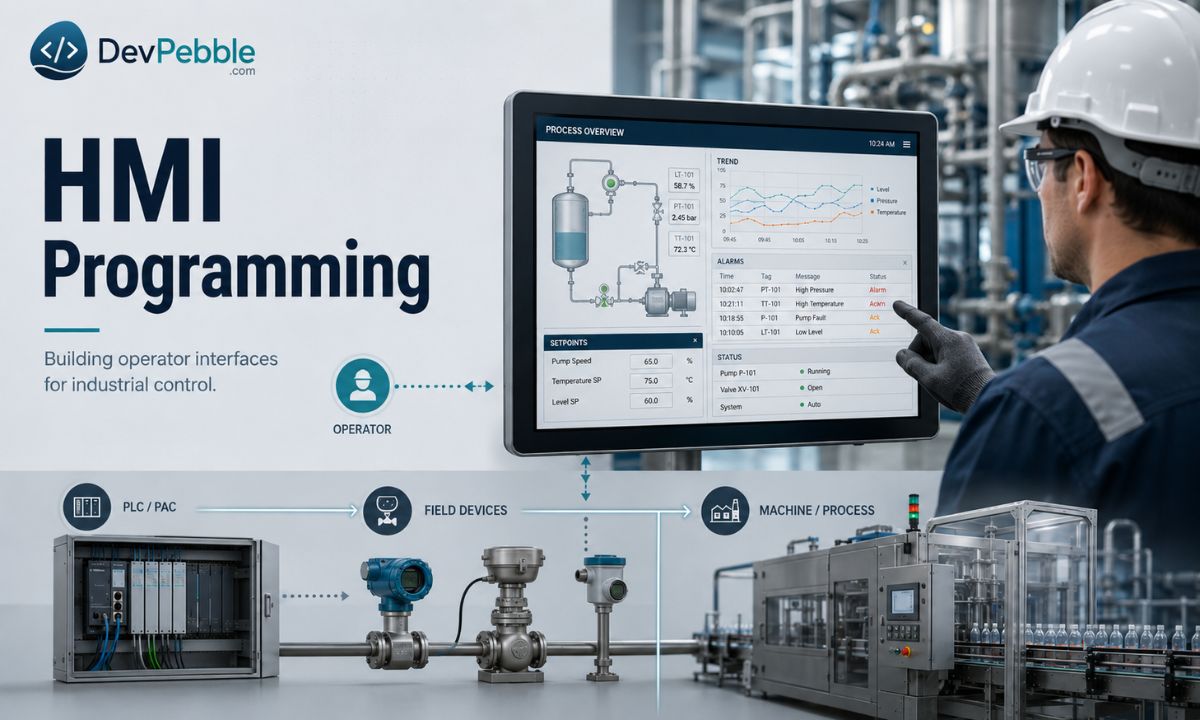 What HMI programming is and how it works — an operator monitoring an automated process on an HMI touchscreen that turns PLC tag data into process diagrams, live trends, alarm tables, and setpoint fields.