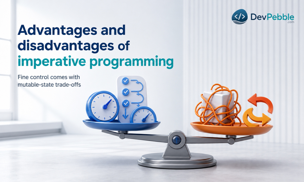Advantages and disadvantages of imperative programming — fine-grained control and easy debugging weighed against shared mutable state and verbosity.