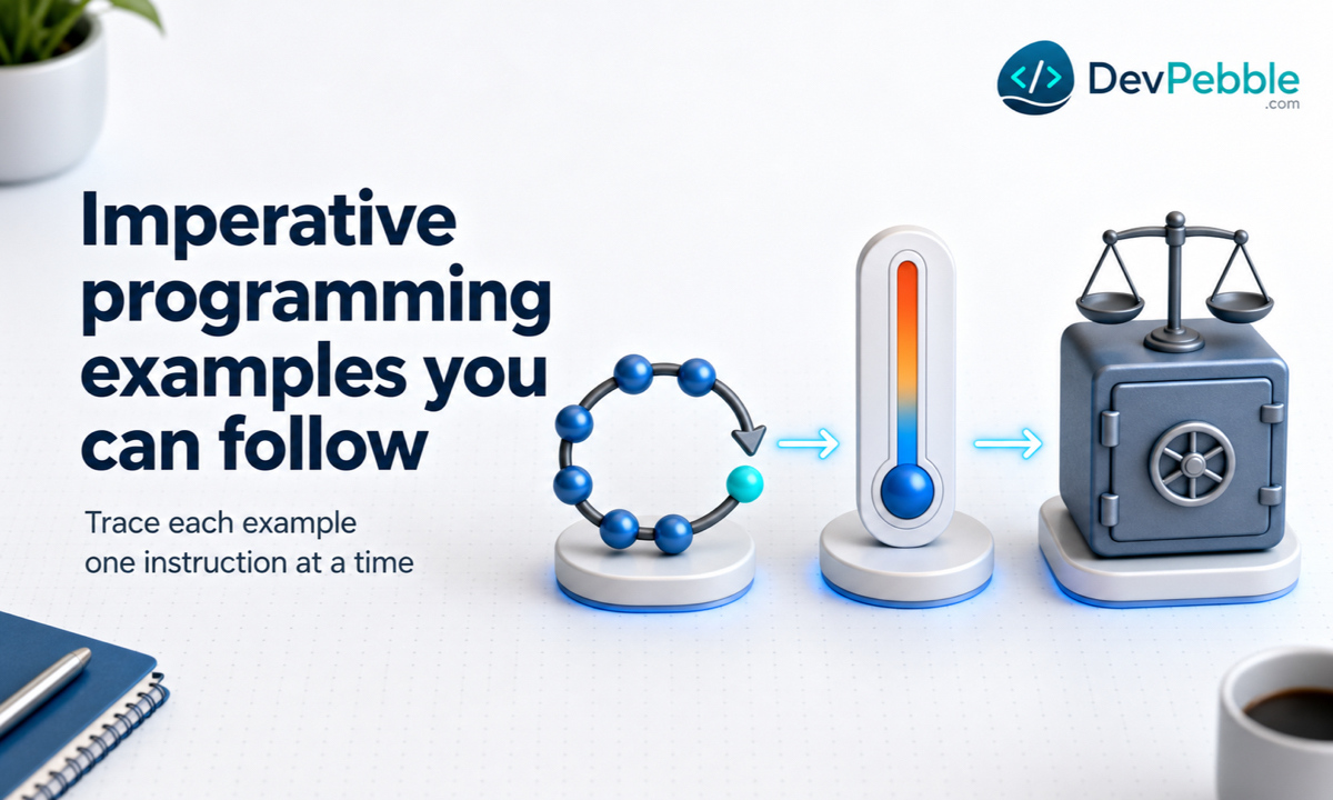 Imperative programming examples you can follow — FizzBuzz, a temperature converter, and a bank account simulator worked through line by line.