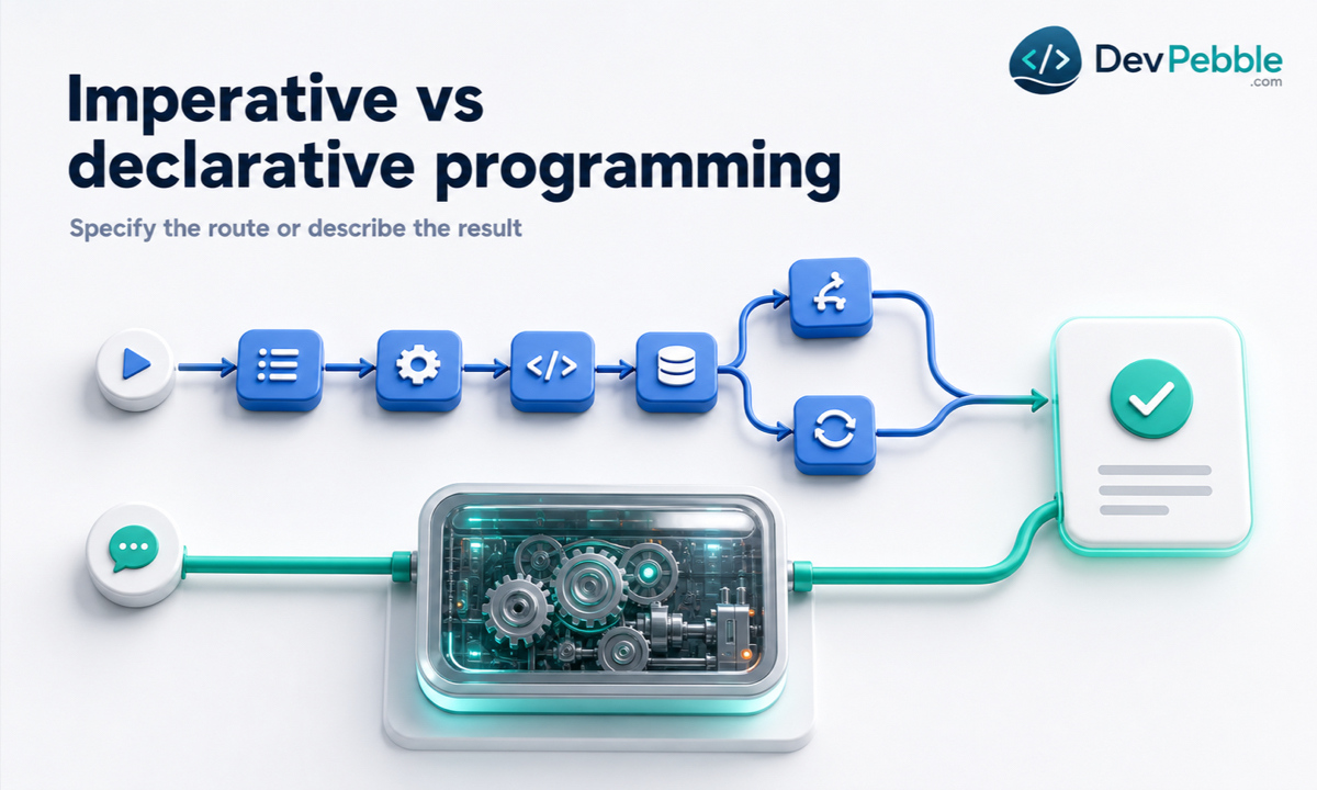 Imperative vs declarative programming — spelling out how to reach a result step by step versus describing what result you want and trusting the engine.