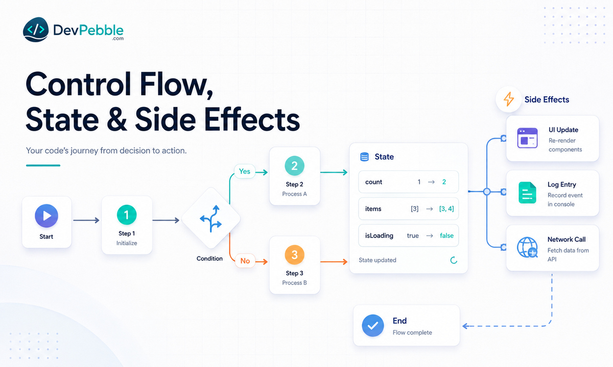 Control flow, state, and side effects in imperative vs declarative programming — explicit ordering and manual state versus a runtime that chooses operations and relocates effects.