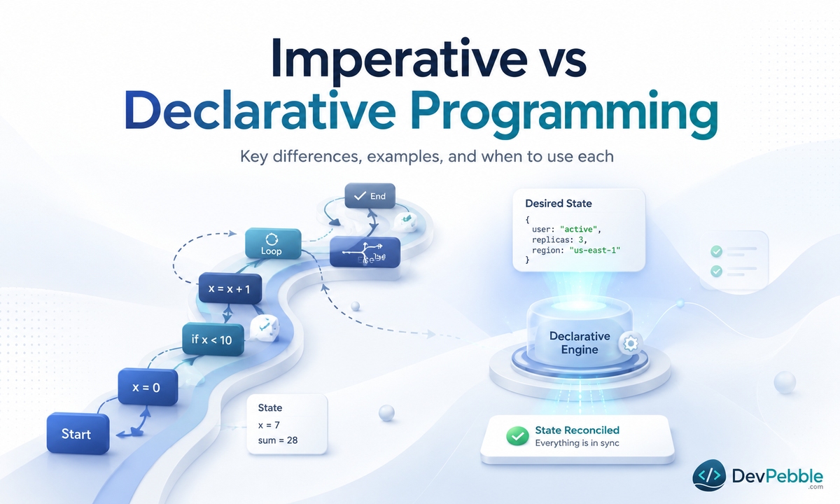 Imperative vs declarative programming — key differences, examples, and when to use each, comparing code that spells out the steps against code that describes the result and lets an engine run it.
