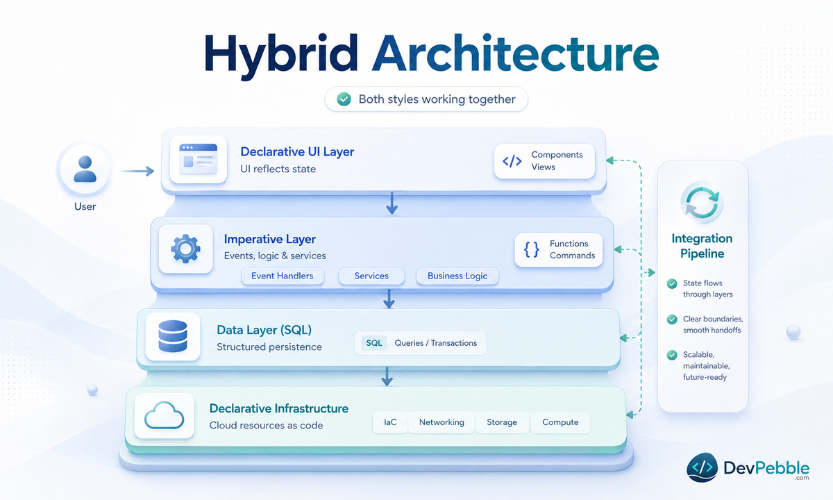 Infrastructure as imperative commands vs desired-state configuration — ordered CLI operations versus a Terraform file that describes the target and lets the tool reconcile it.