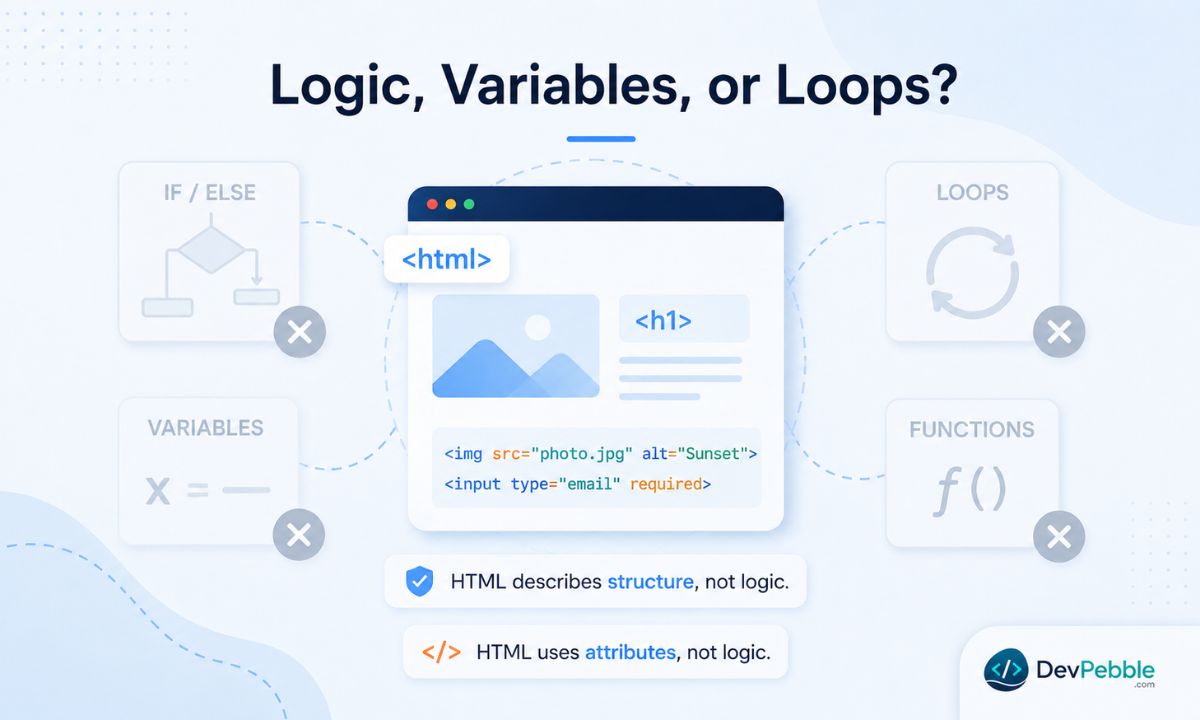 Does HTML have logic, variables, or loops — no, HTML has attributes that add information to tags, but attributes are descriptions, not logic.