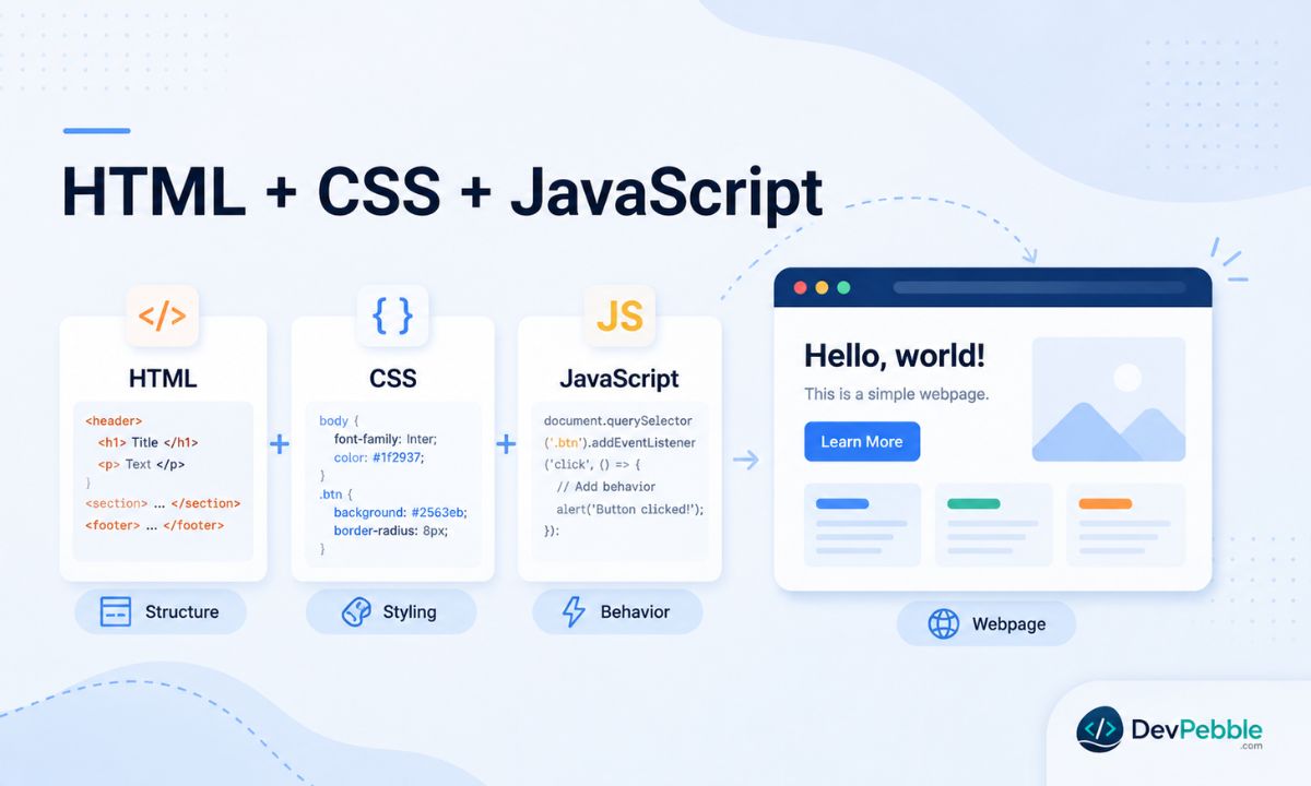 How HTML works with CSS and JavaScript — HTML handles structure, CSS handles design, and JavaScript handles behaviour, each layer with one clear job.