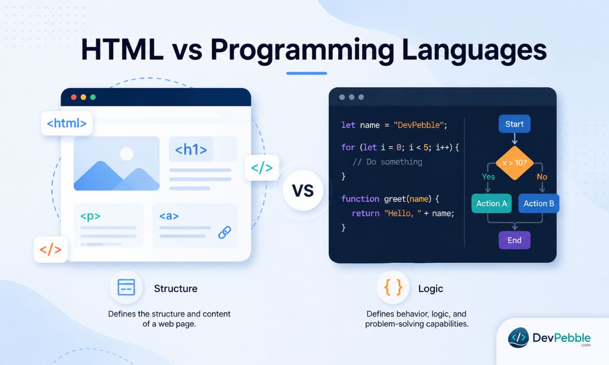 HTML versus programming languages — a programming language is the chef who cooks the meal and HTML is the menu that describes every dish.