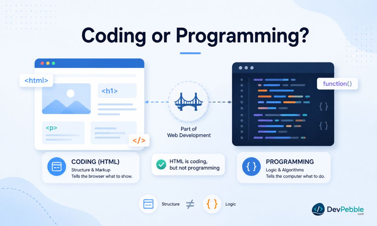 Is HTML coding or programming — writing HTML counts as coding because it uses code-like syntax, but it is not programming in the strict, logic-driven sense.