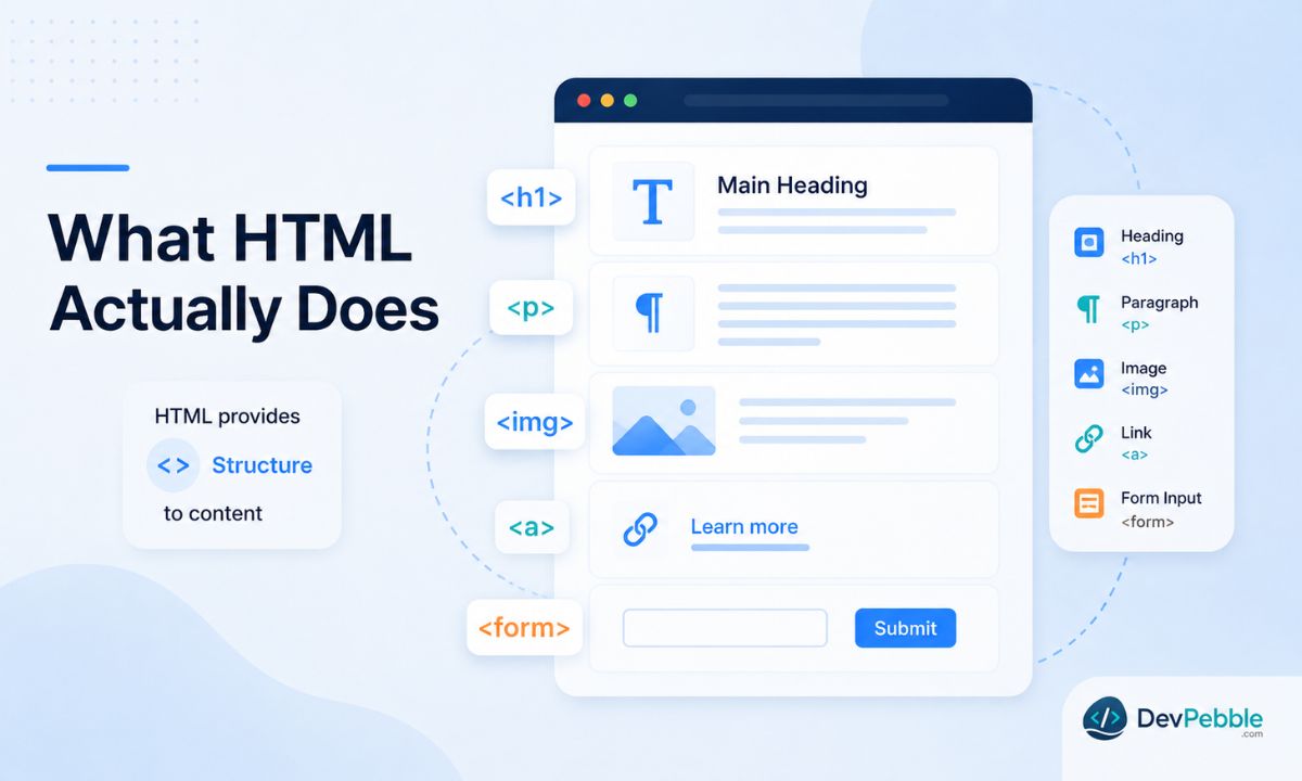 What HTML actually does — HyperText Markup Language marks up content so the browser knows what is a heading, paragraph, image, link, list, or form.