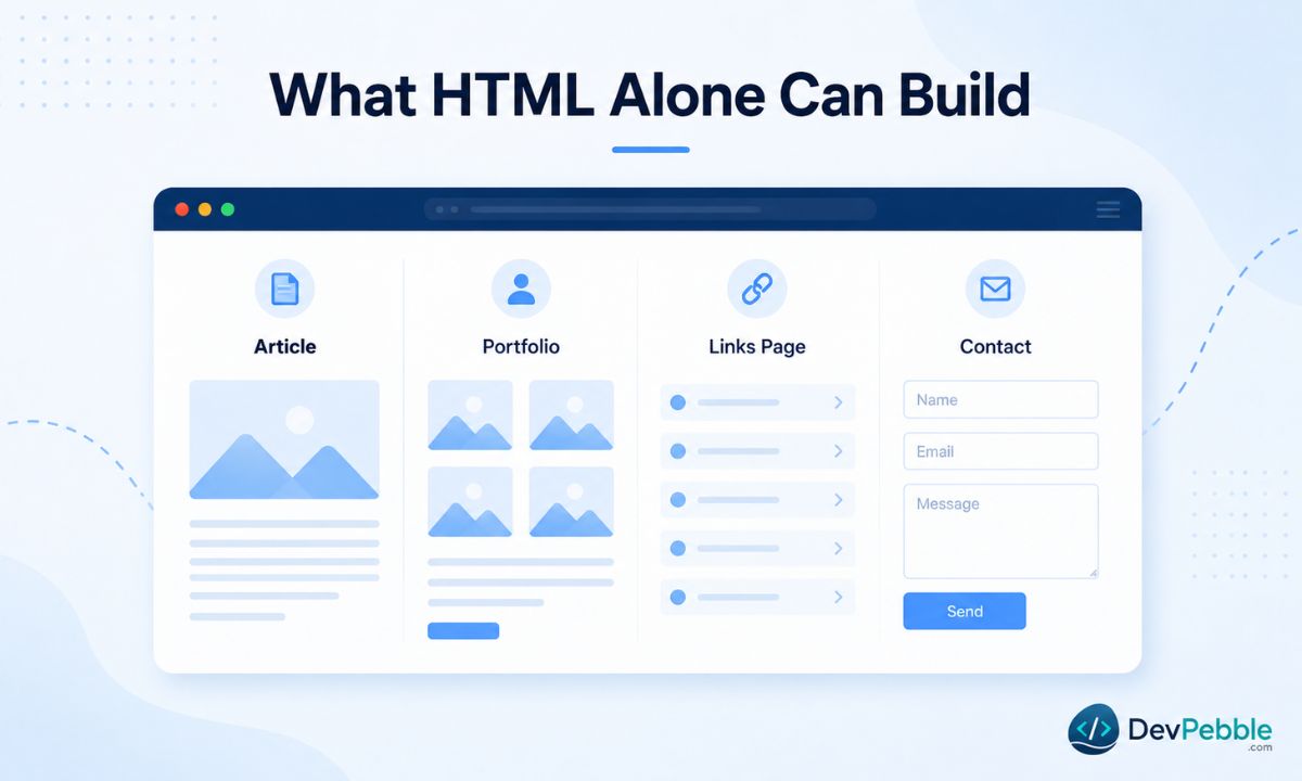 What you can build with HTML alone — a bio page, simple portfolio, page of links, basic contact form, or plain text article that opens in any browser.
