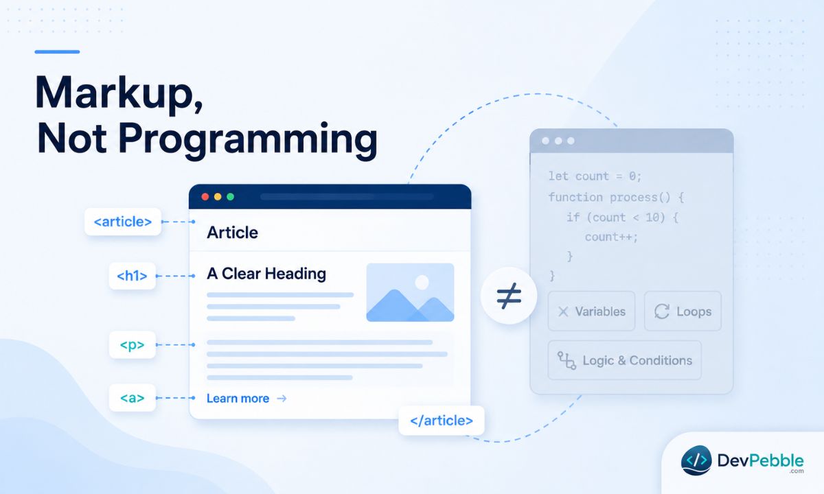 Why HTML is a markup language and not a programming language — it annotates content with tags that describe its role, rather than storing variables, looping, or running logic.
