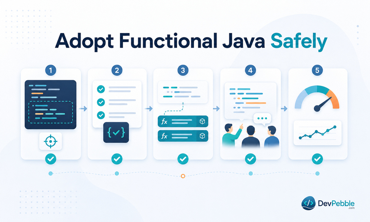 How a team should adopt functional Java safely — start with small bounded transformations, preserve tests, extract named pure functions, and benchmark only where it matters.