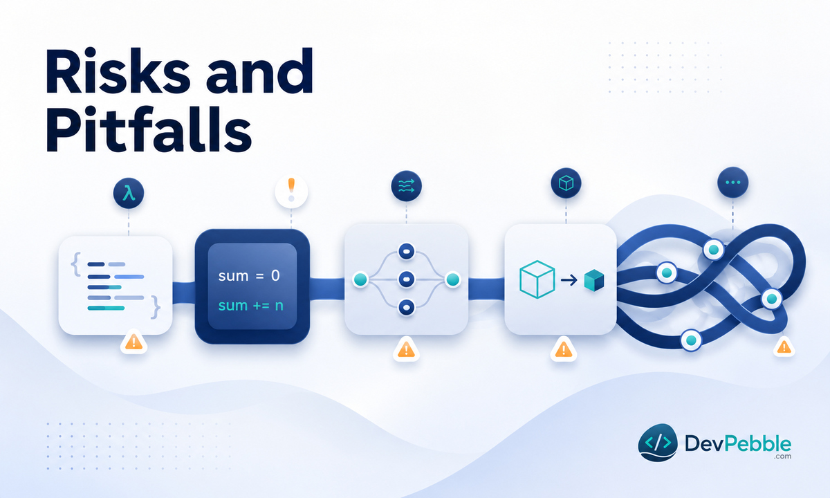 What are the main risks and pitfalls of functional Java — hidden domain logic, stateful lambdas, assumed parallel speedups, and unnecessary boxing.