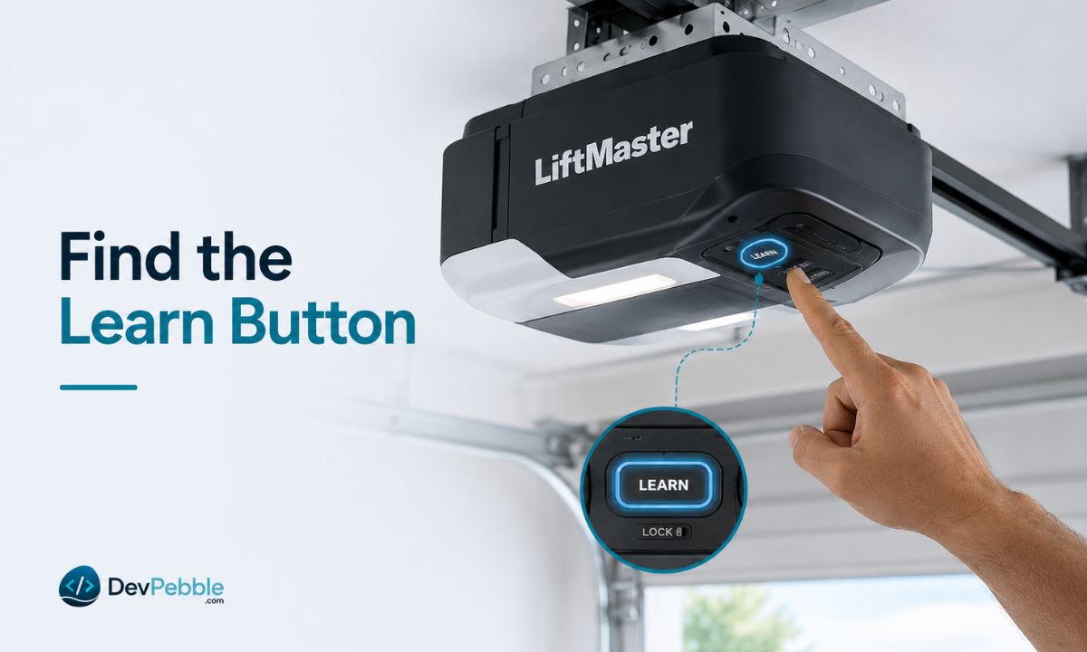 How to find the Learn button on a LiftMaster opener — located on the back or side panel of the ceiling motor unit near the antenna wire or behind the light lens, with a small LED beside it.