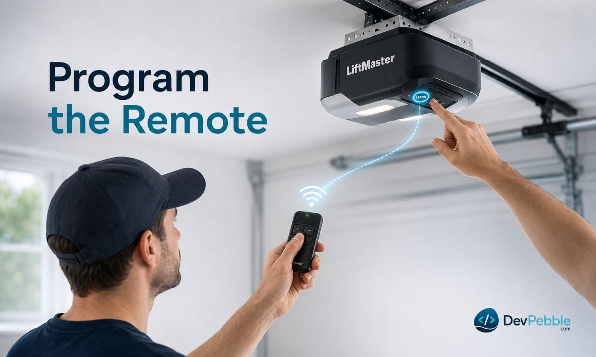 How to program a LiftMaster remote control step by step — press the Learn button, then hold the remote button while the LED is lit until the opener confirms the pairing.