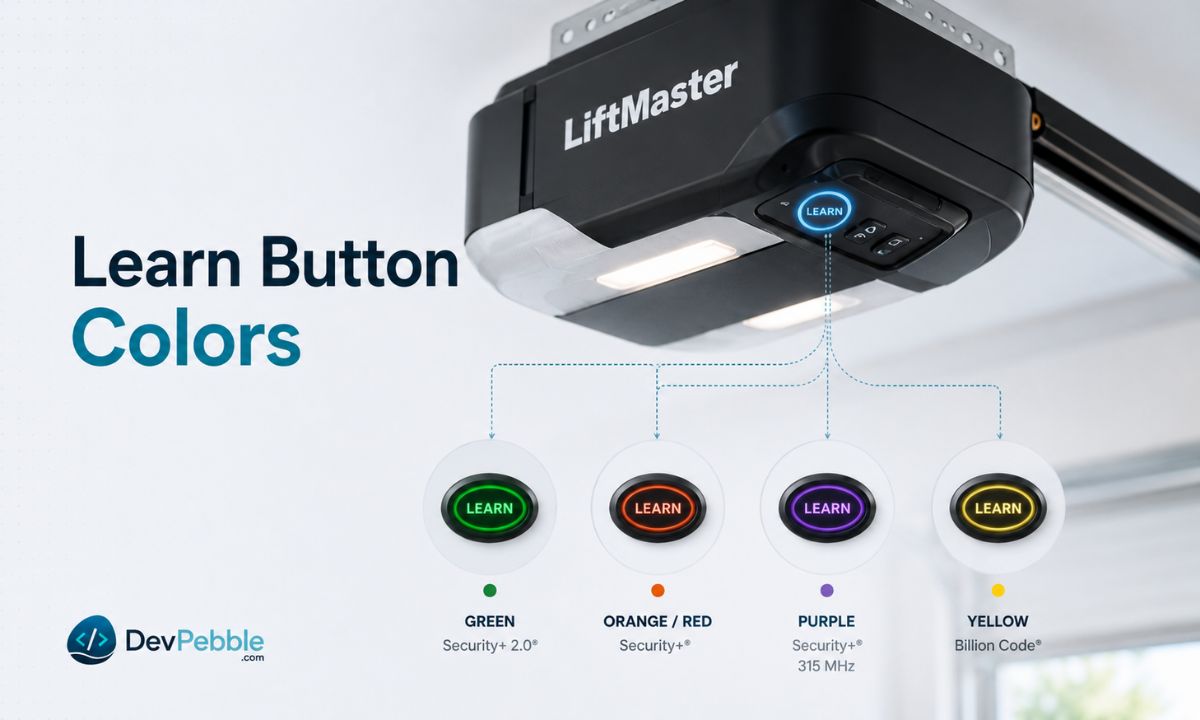LiftMaster Learn button colors and what they mean — green, red or orange, purple, and yellow buttons mapped to the frequency and rolling-code generation each opener uses.