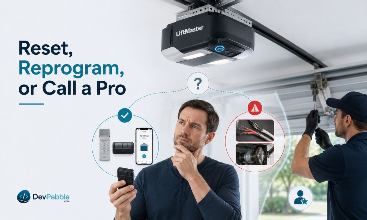 When to reset, reprogram, or call a professional — matching simple reprogramming, a full memory reset, or a technician visit to the situation, and leaving wiring, motor, and safety-sensor work to a pro.