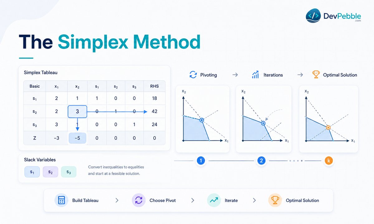 The simplex method for larger problems — solving linear programs algebraically with slack, surplus, and artificial variables in a simplex tableau through pivoting and iterations.