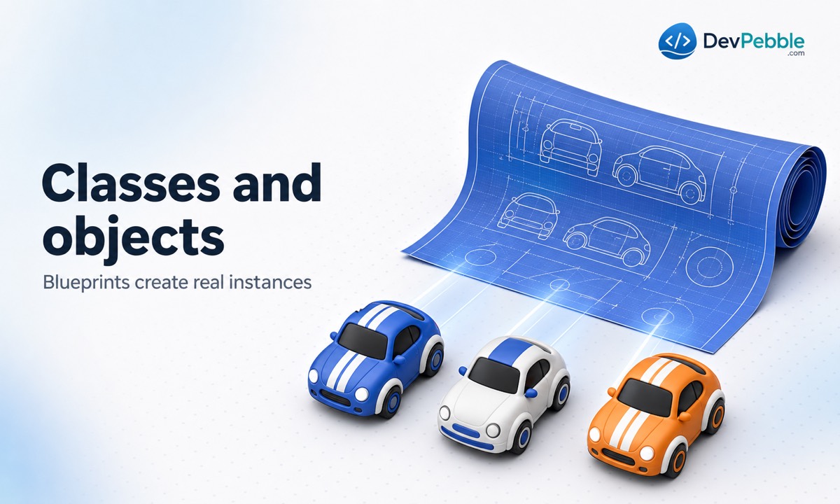 Classes and objects in object oriented programming, showing a reusable blueprint creating distinct instances with their own state.