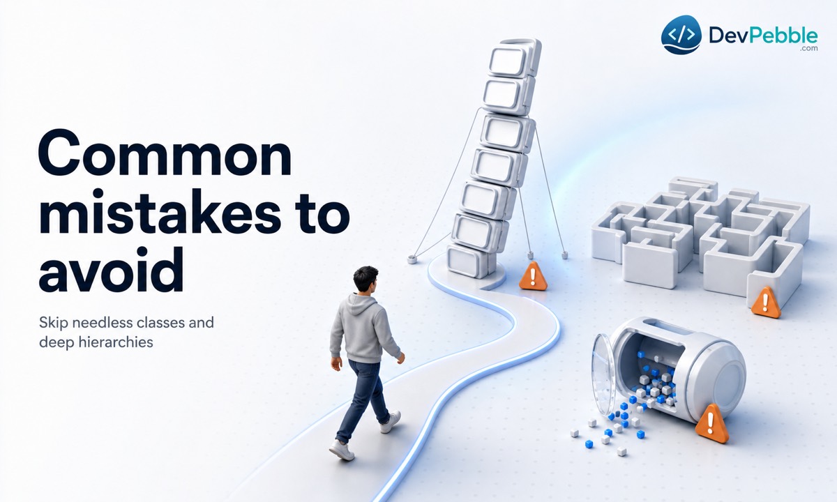 Common object oriented programming mistakes including unnecessary classes, deep inheritance, weak encapsulation, and exposed internal data.